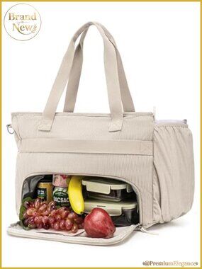 Corduroy Tote Bag with Insulated Lunch Compartment, 12 Pockets, 15.6 inch